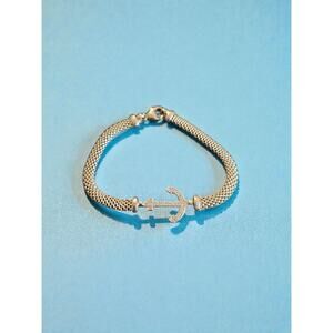 Platinum Sterling 925 White Sapphire Pave Anchor Mesh Bracelet Bend